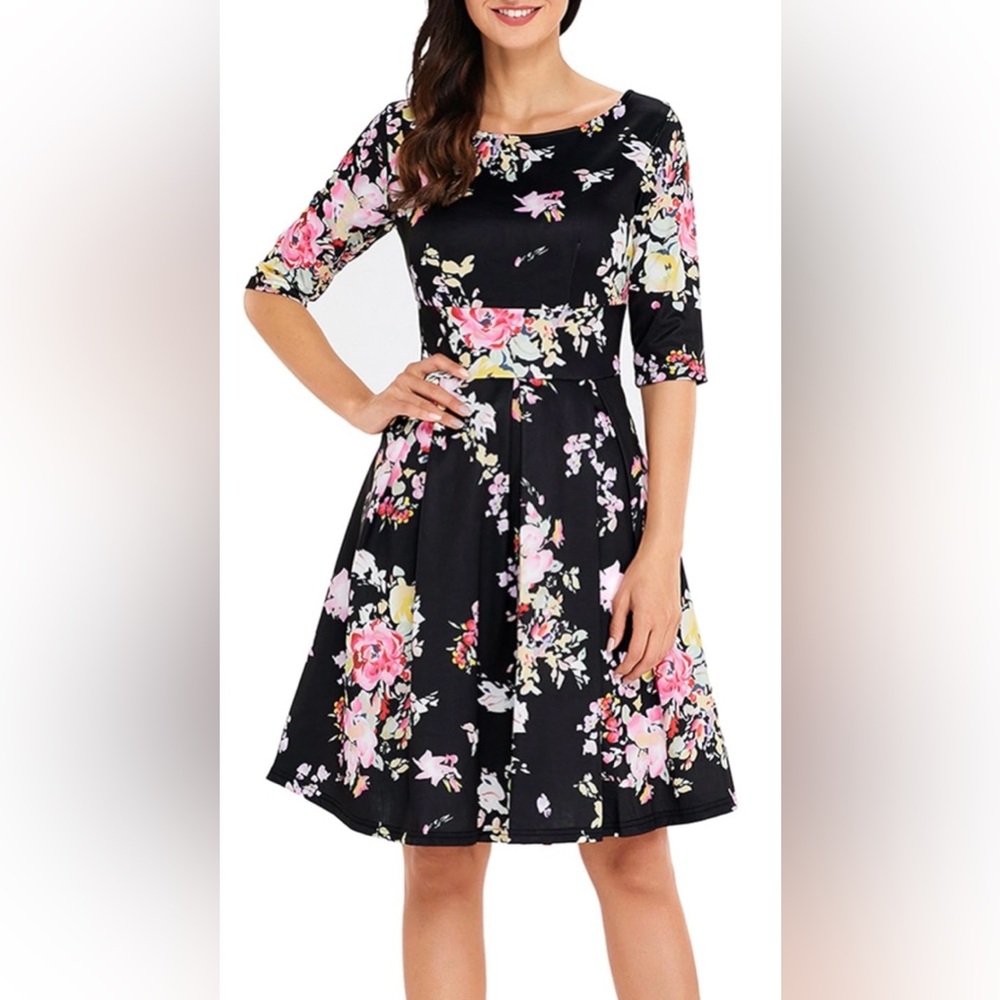 Sidefeel Vintage 1950's 3/4 Sleeve Floral Print Pleated Dress Size Large